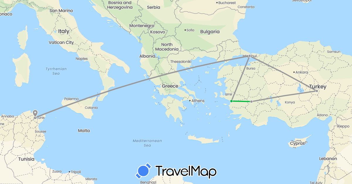 TravelMap itinerary: driving, bus, plane in Tunisia, Turkey (Africa, Asia)