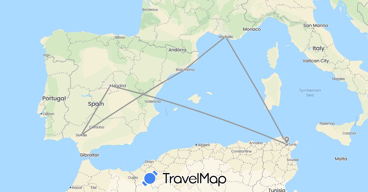 TravelMap itinerary: driving, plane in Spain, France, Tunisia (Africa, Europe)