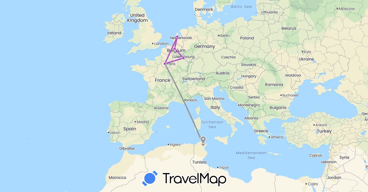 TravelMap itinerary: driving, plane, train in Belgium, France, Luxembourg, Netherlands, Tunisia (Africa, Europe)